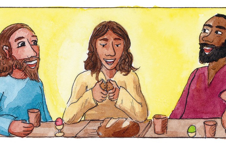 Jesus teilt Brot mit Jüngern.