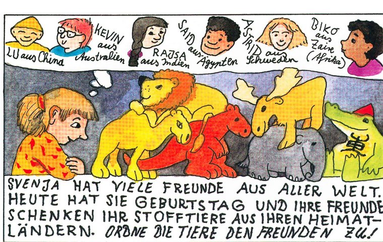 Svenjas Freunde aus aller Welt und Stofftiere aus ihren Ländern.