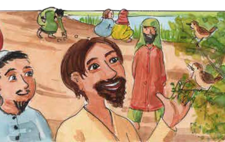 Jesus spricht vor Strauch mit Vögeln zu Jüngern.