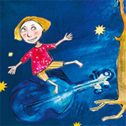 Schwebendes Kind in rotem Shirt vor blauem Hintergrund mit Sternen und Cello.