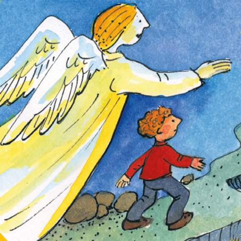 Engel zeigt Kind den Weg.