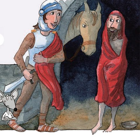 Martin und Bettler jeweils in halbes rotes Cape eingehüllt.