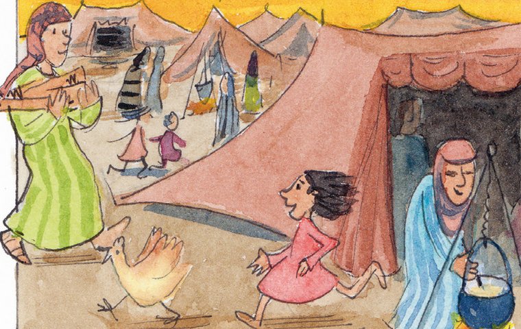 Lager mit hellroten Zelten, Menschen, Tieren und Frau, die auf Feuer kocht.