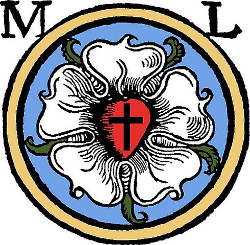 Lutherrose: weiße Rosenblüte mit rotem Herz und schwarzem Kreuz in der Mitte