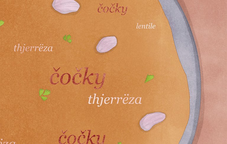 Suppenschale mit dem Wort "Linsen" in verschiedenen Sprachen ( thjerreza/Albanisch, lentile/Französisch, čočky/Tschechisch)
