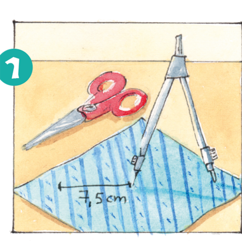 Rote Schere, Zirkel und blaues Papier mit Notiz 7,5 cm.