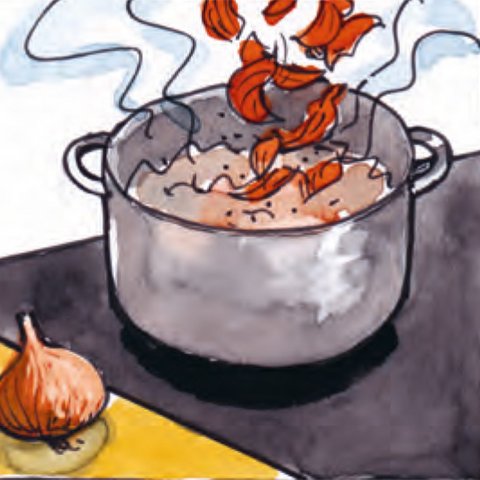 Zwiebelschalen in Topf mit kochendem Wasser geben.