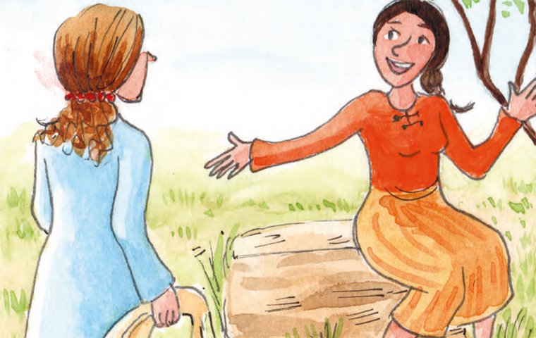 Maria bietet Marta Sitzplatz neben sich an.