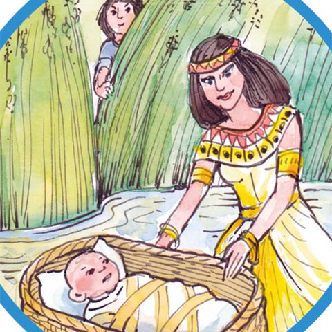 Moses' Mutter beobachtet, wie die Tochter des Pharaos Moses im Schilf findet.