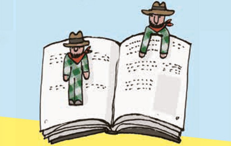 Buch mit zwei Männern mit Hut als Lesezeichen