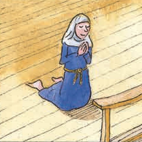 Elisabeth im blauen Kleid kniet und betet.