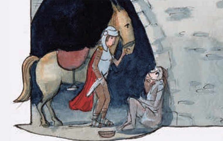 Martin steigt von Pferd ab und spricht mit dem Bettler.