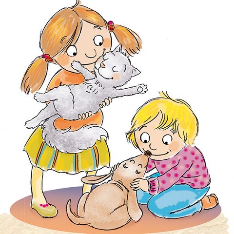 Zwei Kinder spielen mit Katze und Hund.