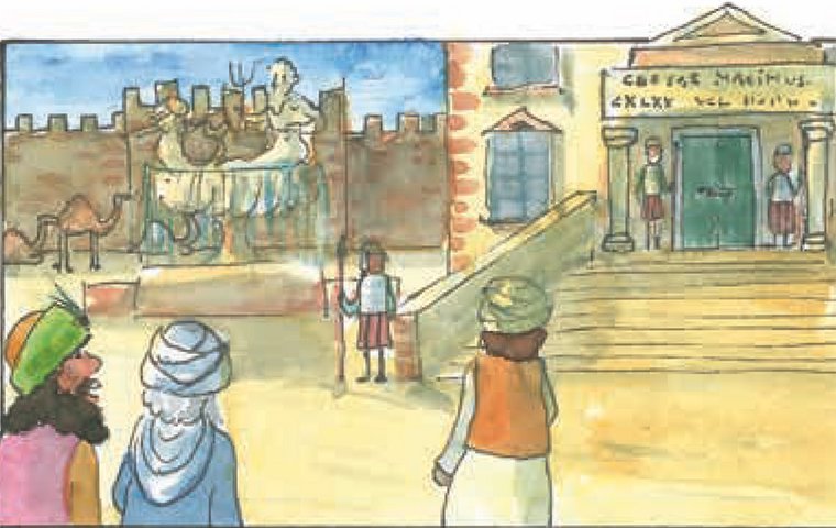 Sterndeuter vor Stadtmauer mit Wachen.