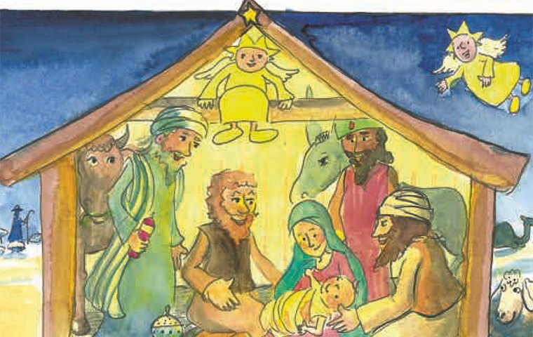 Stall mit Maria, Josef, Jesuskind, Ochs, Esel, drei Weisen, Engeln und Schafen