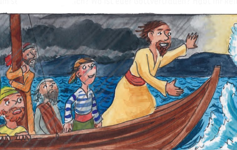 Jesus auf Boot beruhigt mit erhobener Hand den Sturm.
