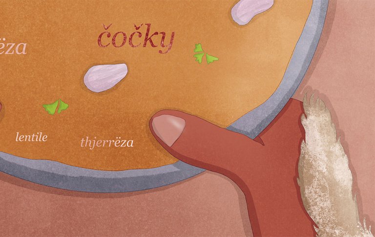 Hand mit Suppenschale. Auf Suppe steht das Wort čočky (=Linsen auf Tschechisch)