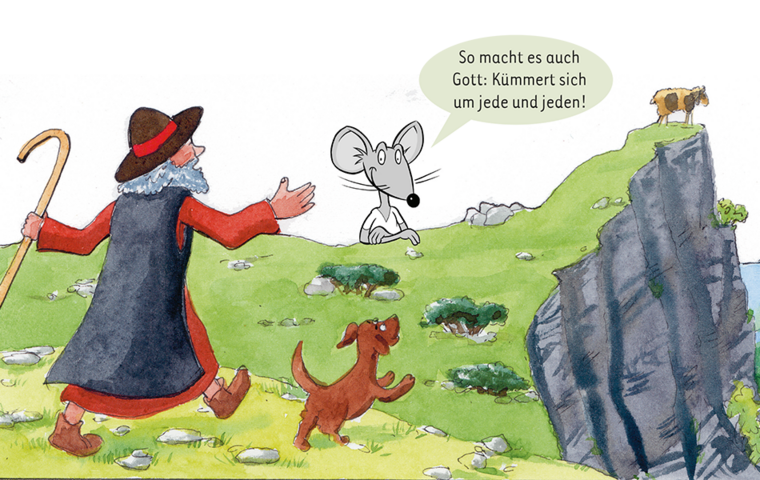 Hirte und Hund laufen zu Schaf, das auf einem Felsabsatz steht.