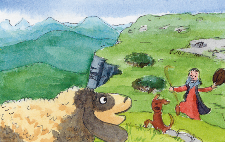 Schaf, Hund und Hirte laufen freudig aufeinander zu. Im Hintergrund Gebirge.