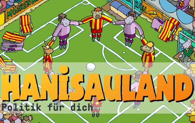 Comicbild Fußballblatz mit Logo "Hanisauland Politik für dich"