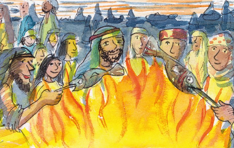 Jesus macht alle satt Menschen braten Fische im Feuer.