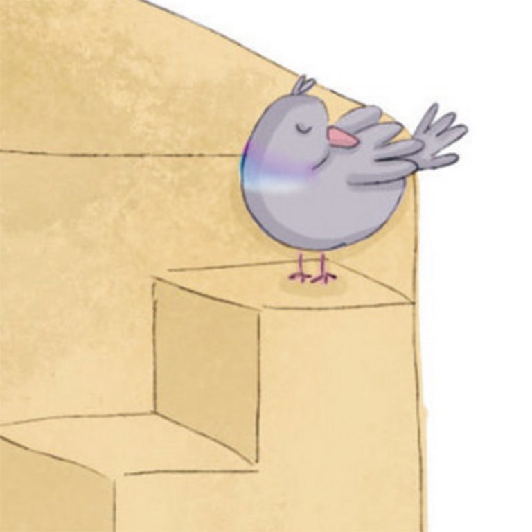 Hellvioletter Vogel sitzt auf Treppe.