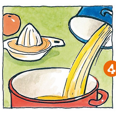Brühe und Orangensaft in Topf gießen