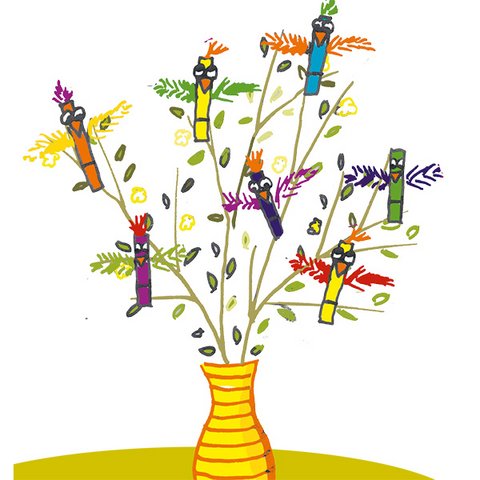 Gelbe Vase mit Strauß aus Zweigen mit bunten Federvögeln