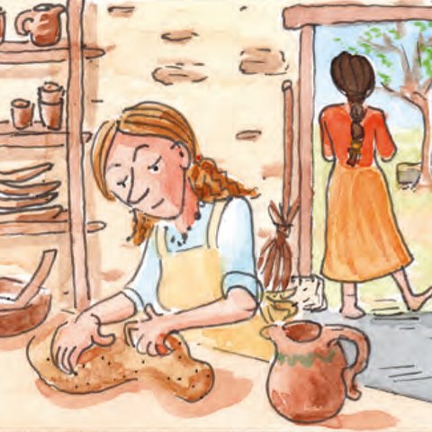 Marta bäckt Brot und Maria wartet an Tür.