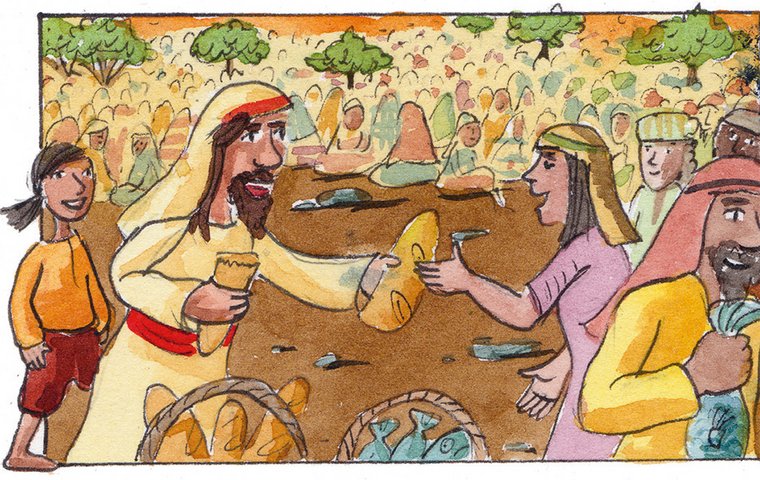 Jesus verteilt Brot und Fisch.