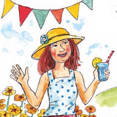 Mädchen mit Strohhut gepunktetem Sommerkleid und dekoriertem Glas mit blauem Drink.