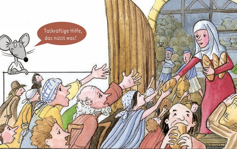 Elisabeth verteilt vor Scheunentor Brot an Menschenmenge.