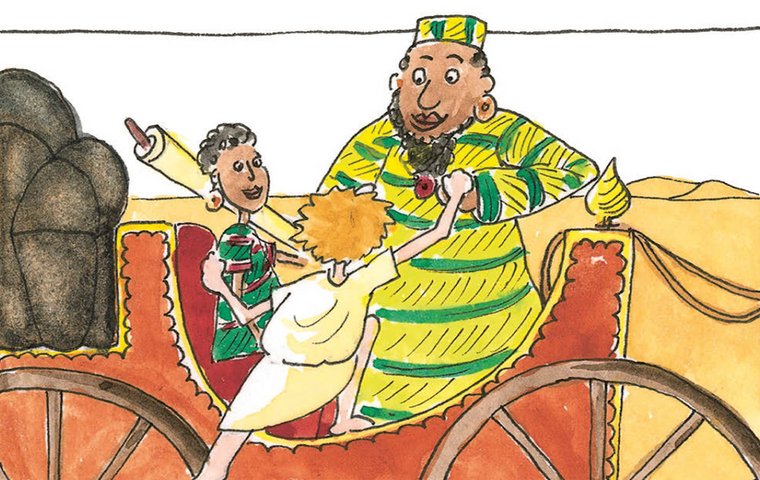 Mit Wasser getauft Philippus steigt in den Wagen.
