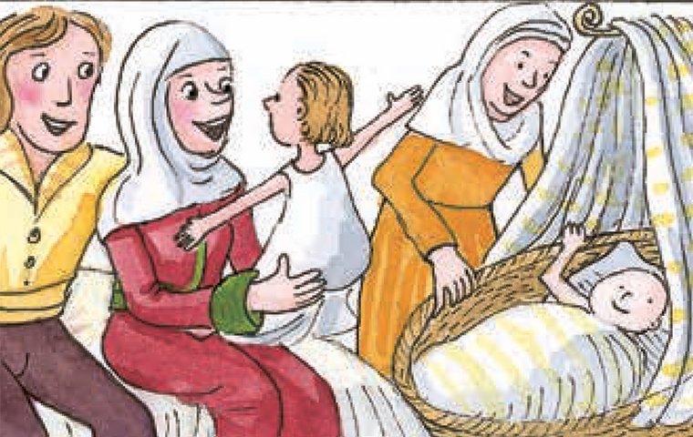 Ludwig, Elisabeth mit Kind und Amme an Wiege mit Baby.