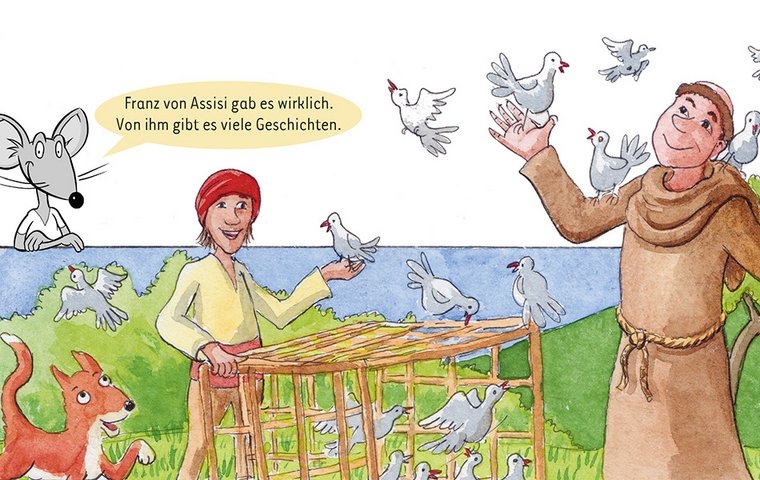 Glücklicher Franz mit Hund, Vogelhändler und freigelassenen Tauben.