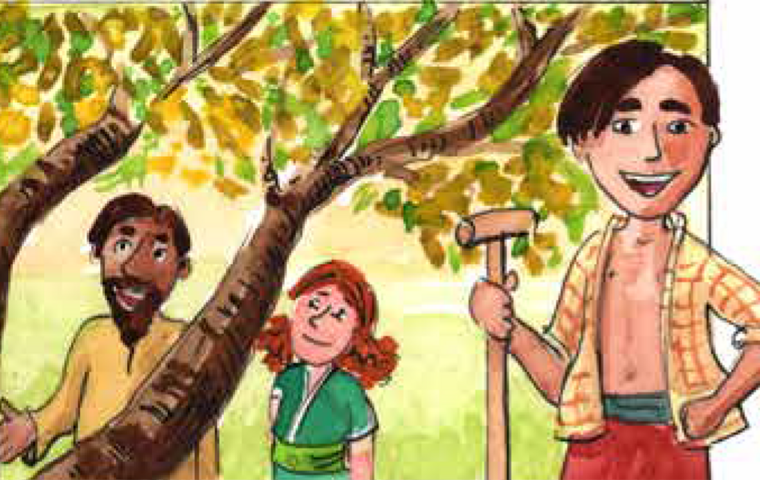 Jesus mit den beiden Kindern unter dem Baum.