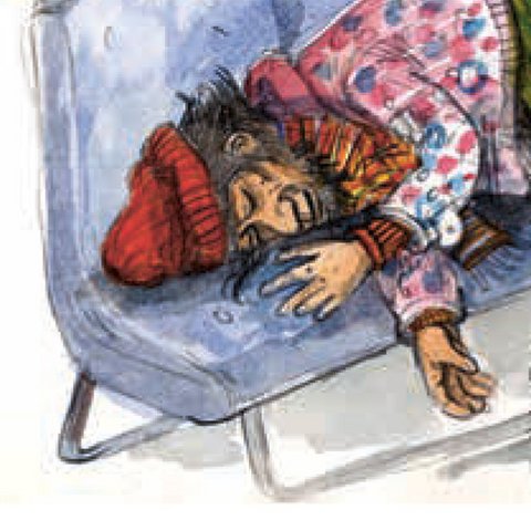 Schlafender Mann mit roter Strickmütze.