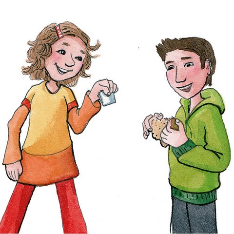 Wunschbrötchen 2 Kinder mit Brötchen und Wunschzettel