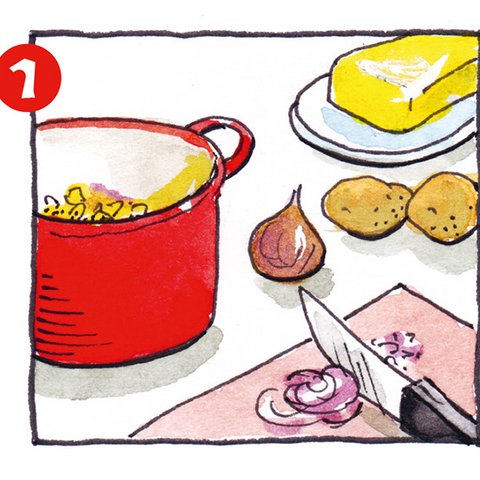 Roter Kochtopf, Schneidebrett mit Messer und Zwiebel