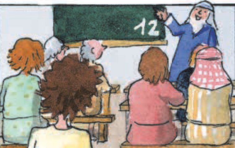 Jesus mit Lehrer und Schülern vor Tafel.