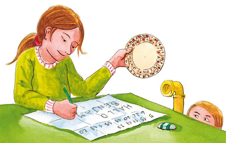 Kinderzeitschrift Benjamin Rothaariges Mädchen sitzt am Tisch und entschlüsselt Geheimcode mit Geheimscheibe.