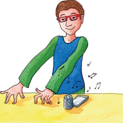 Verrückte Daumen Junge tänzelt mit Fingern zu Musik.