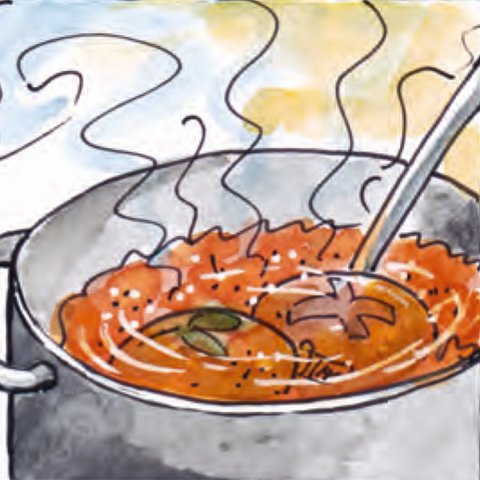 Topf mit kochendem Zwiebelsud mit Eiern.