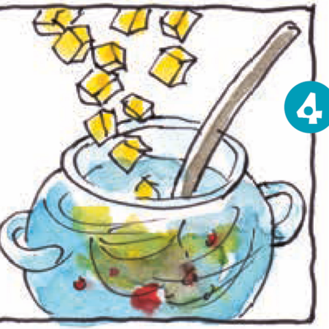 Gelbe Ananas-Eiswürfel in Bowlengefäß schütten.