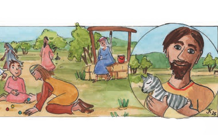 Jesus mit gestreifter Katze auf dem Arm und spielende Kinder.