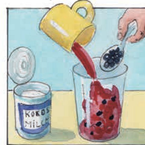 Roten Tee aus gelber Tasse mit Tapiokakugeln in Mixbecher kippen. 