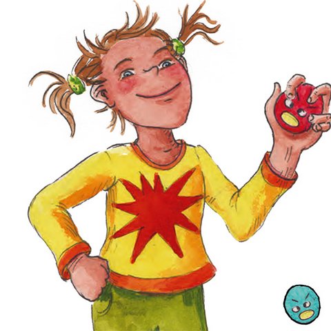 Kind mit gelbem Pullover mit rotem Stern hält roten Anti-Stress-Ball mit aufgemaltem Gesicht in der Hand.