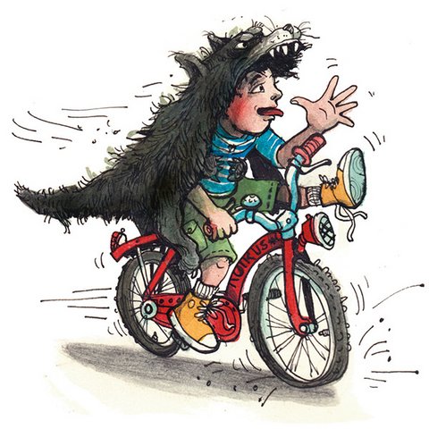 Der Wolfspelz Moritz fährt mit Wolfspelz Fahrrad