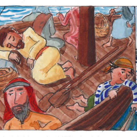 Schlafender Jesus mit Fischern auf Boot.
