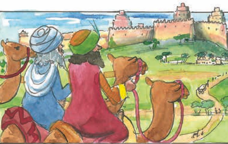 Sterndeuter auf Kamelen blicken auf Jerusalem.